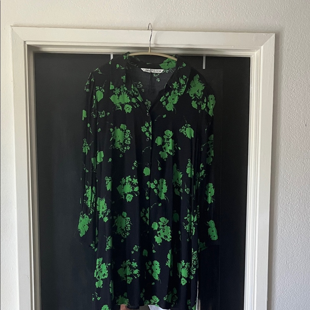 Zara Black Long-Sleeve Dress with Green Floral Pattern